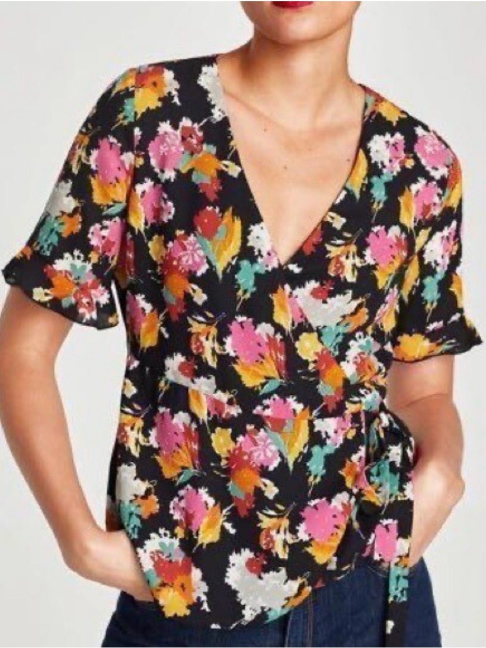 Zara Trafaluc Black V Neck Pink Floral Print Short Sleeve Wrap Blouse Sz XS NWT